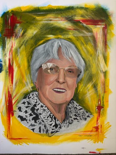 painting of a lady with glasses