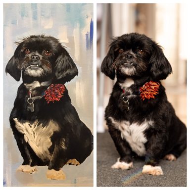 Painting of a wee black dog