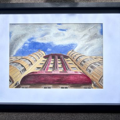 Skyward Skyward, an original watercolour painting by George Hunter, depicting Glasgow's iconic Beresford Building from a dramatic street level.