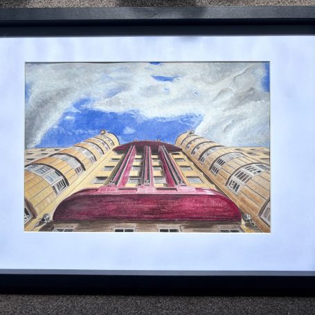 Skyward Skyward, an original watercolour painting by George Hunter, depicting Glasgow's iconic Beresford Building from a dramatic street-level.