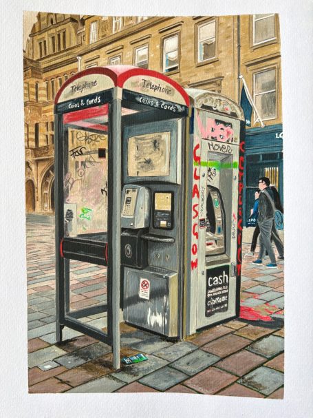 Original watercolour painting of a Glasgow telephone box exploring nostalgia, memory and urban change.
Part of the Urban Echoes series.